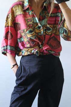 80s Button Up Shirt Outfit, Colorful Button Up Shirt Outfit, Funky Shirt Outfit, Fun Button Up Shirt, Glass Animals Concert, Oversized Button Down Shirt Outfit, Color Analysis Spring, Button Shirt Outfit, Silk Shirt Outfit