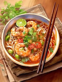 a bowl of shrimp noodle soup with chopsticks next to it on a napkin