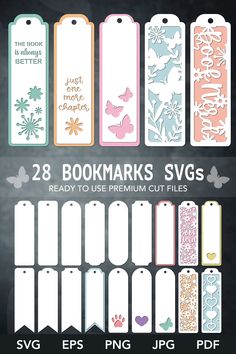 the bookmarks svg bundle is shown in different colors and sizes