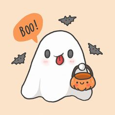 a cartoon ghost holding a bowl with food in it's hand and saying boo