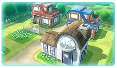 an image of a cartoon house in the middle of a field with other houses around it