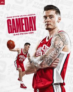 a man with tattoos on his arm holding a basketball ball in front of an advertisement for the gameday