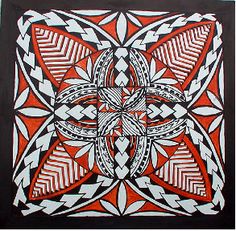 an orange and black art piece with white designs on it's sides, in the middle