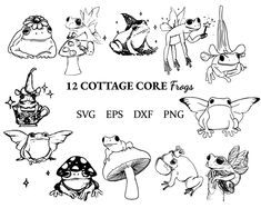 the 12 cottage core frog svg files are available for use in crafts and coloring books