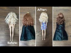 three different pictures of barbie dolls before and after being made into doll clothes for their hair