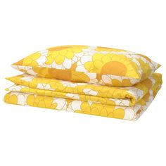 two yellow and white flowered sheets on top of each other, one is folded up