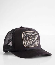 Liquid Death Death Saloon Trucker Hat - Black , Men's Black Embroidered logo snapback hat Terry cloth interior band One size fits most. 100% Polyester. Spot clean only. Apparel & Accessories > Clothing Accessories > Hats Custom Hats Men, Cap Men Fashion, Trash Fashion, Customized Shoes, Streetwear Hats, Mens Trucker Hat, White Trash, Hat For Men, Men's Hats