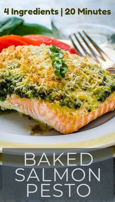 baked salmon pesto on a white plate