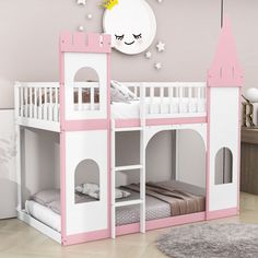 a pink and white bunk bed with a princess castle on the top, next to a gray rug