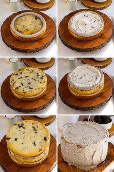 several images of different types of food on wooden platters