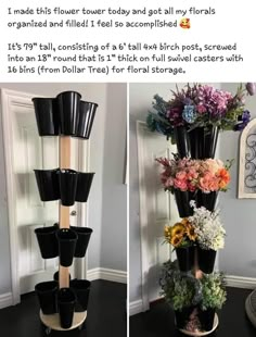 two pictures of flowers in black vases on top of a table