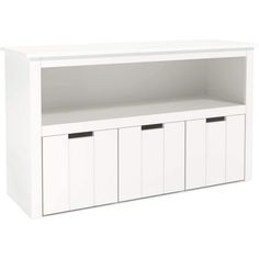 a white shelf with three drawers and two doors