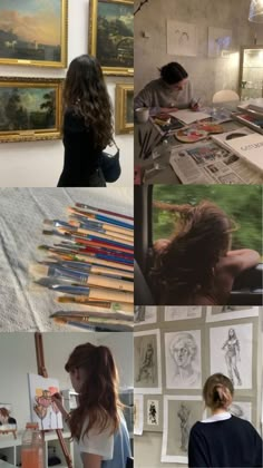 a collage of photos with people in the background and paintings on the wall behind them