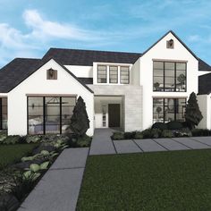 this is a computer rendering of the front elevation of a modern house with large windows