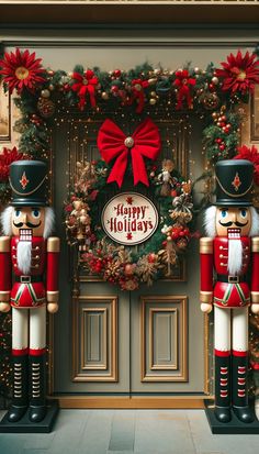 two nutcrackers are standing in front of a christmas wreath with the words happy holidays written on it