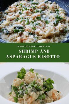 shrimp and asparagus risotto in a skillet with parsley on top