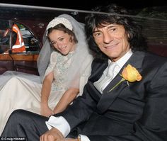 a man and woman sitting in a car with the bride wearing a white veil on her head