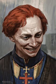 a painting of a man with red hair and a cross on his chest, smiling