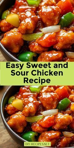 two bowls filled with chicken and vegetables on top of a wooden table in front of the words easy sweet and sour chicken recipe