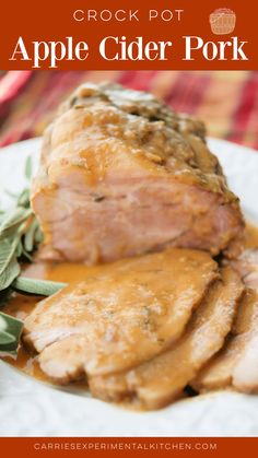 crock pot apple cider pork on a white plate