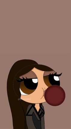 a cartoon character with long hair blowing a bubble in front of her face and nose