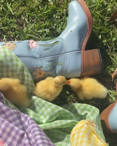 several pairs of shoes with yellow chicks in them laying on the ground next to each other