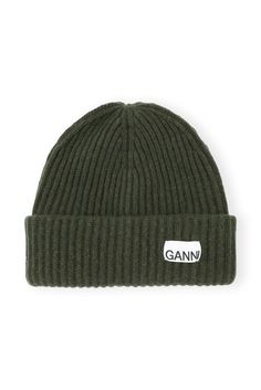 This Loose Wool Rib Knit Beanie is made from a blend of recycled wool and features a GANNI logo. GANNI Loose Wool Rib Knit Beanie in Green | Women's Jerome Dreyfuss, Floral Bags, Women's Beanie, Wool Beanie, Knit Beanie Hat, Green Wool, Team Gifts, Crossbody Tote, Dress And Heels