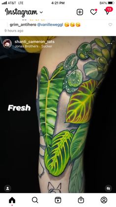 a person with a green leaf tattoo on their arm and the caption reads, fresh