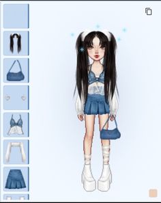 an animated girl with long black hair holding a purse and looking at the camera screen