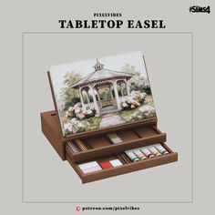 a wooden box with an image of a gazebo painted on it