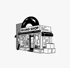 a black and white drawing of a record shop