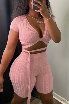 Lasaky - Chic Two-Piece Set: V-Neck Short Sleeve Top and Solid Frenulum Bottom in Lake Blue Casual Pink V-neck Sets, Solid Non-stretch V-neck Sets, Fitted V-neck Sets, Pink Stretch V-neck Sets, Pink V-neck Stretch Sets, Non-stretch V-neck Sets For Spring, Spring V-neck Non-stretch Sets, Fitted V-neck Loungewear Sets, Two Piece Shorts Set