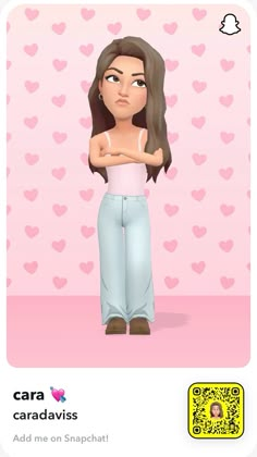 an animated girl with her arms crossed in front of a pink background and hearts on the wall