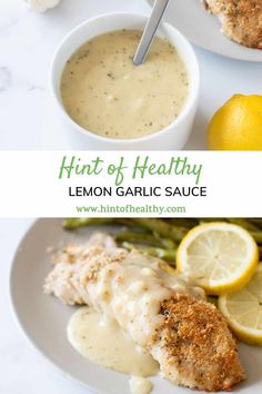 lemon garlic sauce with chicken and asparagus on the side