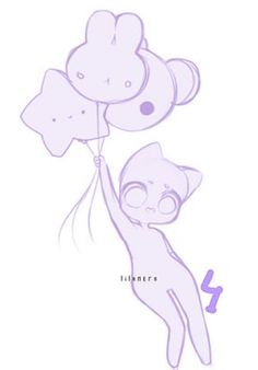 a drawing of a cat holding onto balloons with the number four on it's side