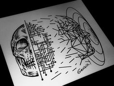 a black and white drawing of a skull next to an abstract design on a piece of paper