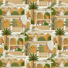 an animal themed wallpaper with palm trees and giraffes in the background