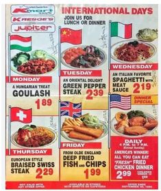 the menu for international days is shown in red, white and green colors with an american flag