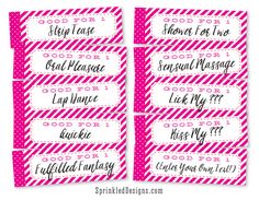 four pink and white striped labels with words on them