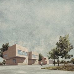 an artist's rendering of a building with trees in the foreground