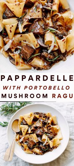 pasta with mushrooms and herbs in a white bowl on top of a table next to another plate