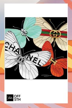 three colorful butterflies with the words chanel written on them, one is white and one is orange