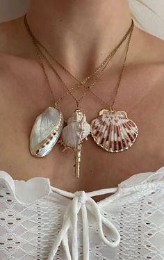 sea shell necklaces 🐚 
@wildroseandsparrow Shell Jewelry Ideas, Sea Shells Jewelry, Sea Shell Necklaces, Trip Moodboard, Gold Shell Necklace, Jewerly Bag, Summer Vision, Shell Ideas, Sea Shell Necklace