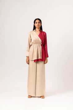 Ecru-Wine Full sleeves co-ord set with elastic detailing around the waist and wide-legged pants. Sustainable Silk. Delivery time 3 weeks. Sleeves Blouse Designs, Pants For Wedding, Blouse Designs For Saree, Full Sleeves Blouse Designs, Full Sleeve Blouse, Coord Set, Clothes Shop, Co Ord Set, Full Sleeves