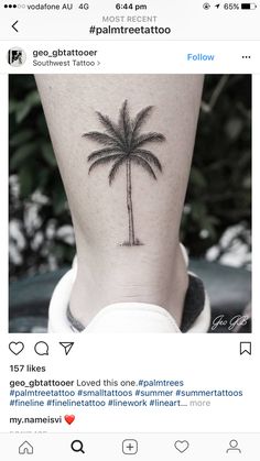 a small palm tree tattoo on the left side of the leg is shown in black and white