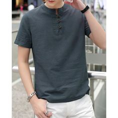 Stylish Stand Collar Solid Color Button Design Slimming Short Sleeve Cotton+Linen T-Shirt For Men Men's Ethnic Wear, Linen Tshirts, Kurta Designs, Button Design, T Shirt For Men, Shirt Pattern, Mens Fashion Casual, Linen Shirt