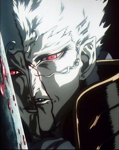 an anime character with white hair and red eyes holding a knife in his right hand