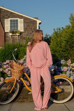 A set from our Coastal Collection 🐚 Wide Leg Sweats, Cute Sweats, Pink Bubblegum, Bridesmaid Pyjamas, Sleep Accessories, Wide Leg Sweatpants, Sweat Set, Tall Girl, Adjustable Waistband