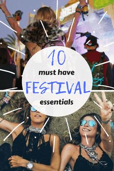 the words 10 must have festival essentials overlaid by photos of women in bikinis