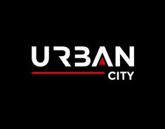 the urban city logo is shown in black and white, with red letters on it